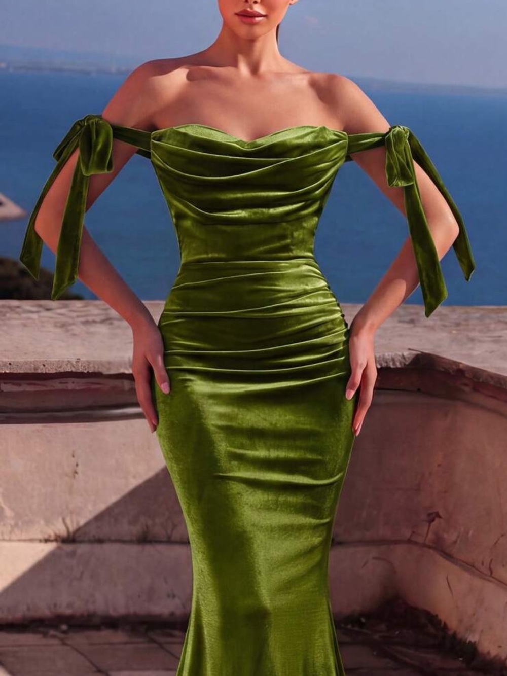 Off-Shoulder Olive Green Velvet Mermaid Evening Dress - Picture 3 of 4